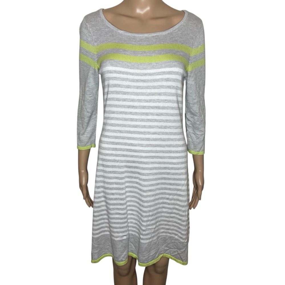 Design History Gray & White Striped Round Neck 3/4 Sleeve Mini Sweater Dress